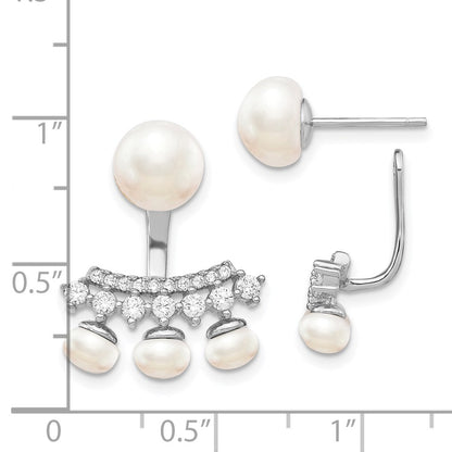 Sterling Silver Rhodium-plated 5-8mm White Button Freshwater Cultured Pearl and CZ Post Earrings with Earring Jackets