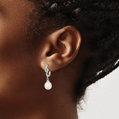 Sterling Silver Rhodium-plated 7-8mm White Teardrop Freshwater Cultured Pearl and CZ Dangle Leverback Earrings