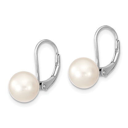 Sterling Silver Rhodium-plated 8-9mm White Round Freshwater Cultured Pearl Leverback Earrings