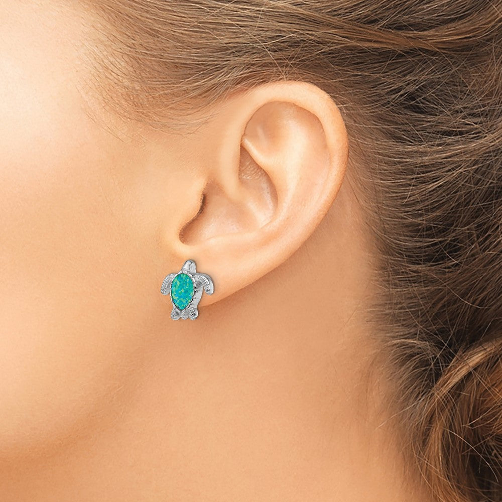 Sterling Silver Rhodium-plated Polished Green Created Opal Turtle Post Earrings
