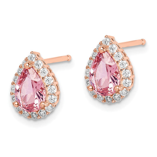 Sterling Silver Rose-tone Post CZ and Pear Teardrop Pink Crystal Earrings