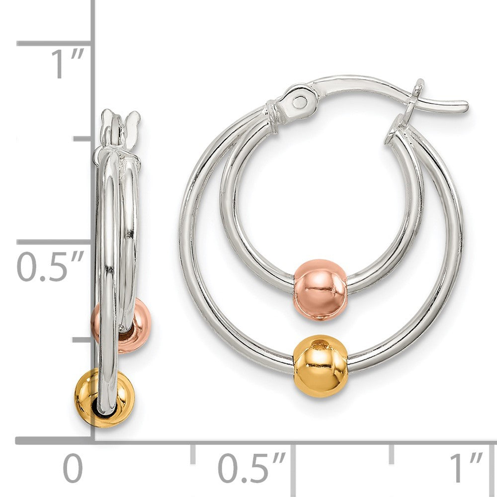 Sterling Silver Rose and Gold-tone Bead Hoop Earrings