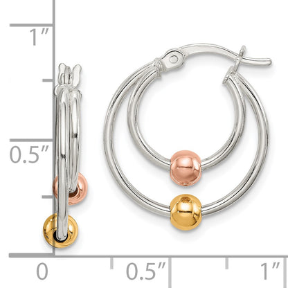 Sterling Silver Rose and Gold-tone Bead Hoop Earrings