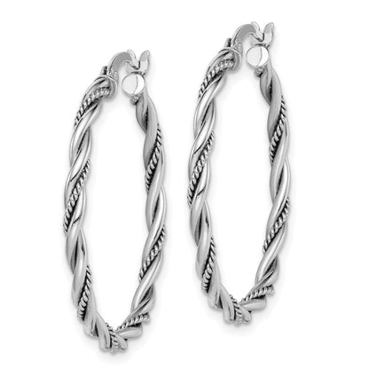 Sterling Silver Rhodium-plated Antiqued 2x30mm Twisted Hoop Earrings