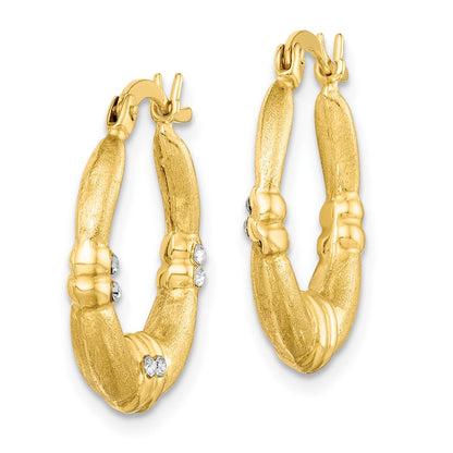Sterling Silver Gold-tone and CZ Textured Hoop Earrings