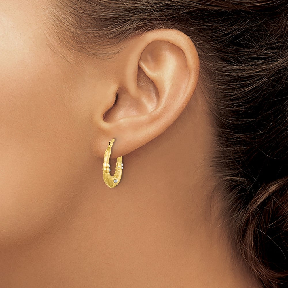 Sterling Silver Gold-tone and CZ Textured Hoop Earrings