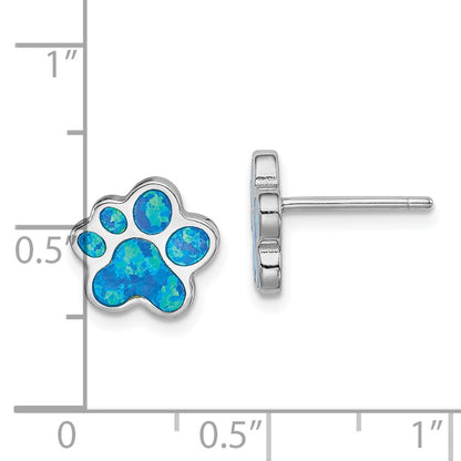 Sterling Silver Rhodium-plated Blue Created Opal Paw Print Post Earrings