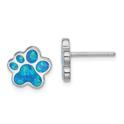 Sterling Silver Rhodium-plated Blue Created Opal Paw Print Post Earrings