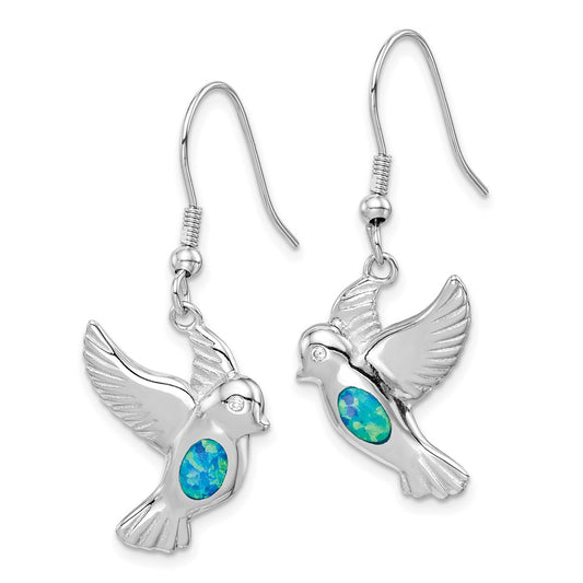 Sterling Silver Rhodium-plated Created Blue Opal Bird Dangle Earrings