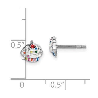 Sterling Silver Rhodium-plated Polished & Multi-color Enameled Cupcake Children's Post Earrings