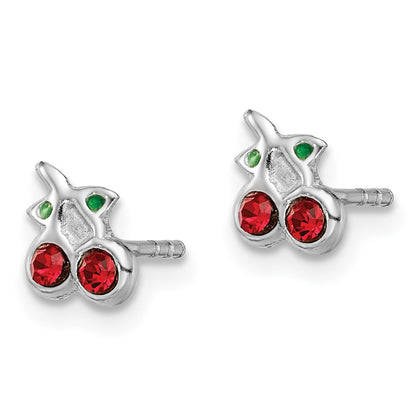 Sterling Silver Rhodium-plated Polished Red & Green Crystal Cherries Children's Post Earrings