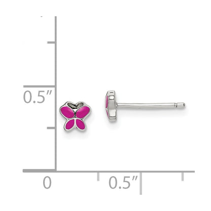 Sterling Silver Polished Pink & Black Enameled Butterfly Children's Post Earrings
