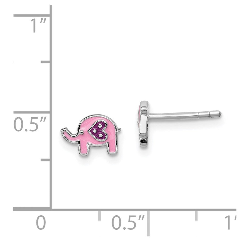 Sterling Silver Rhodium-plated Polished Pink & Purple Enameled Elephant Children's Post Earrings