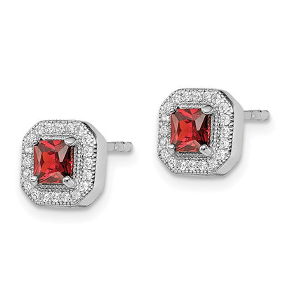 Sterling Silver Rhodium Plated Square Red CZ and Clear CZ Post Earrings