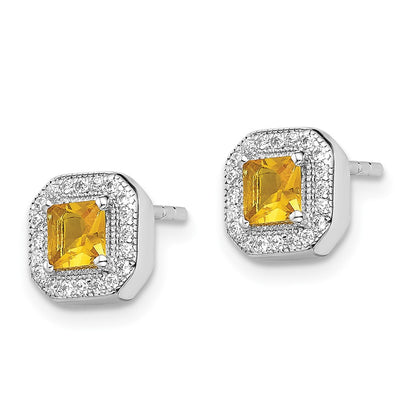 Sterling Silver Rhodium Plated Square Dark Yellow and Clear CZ Post Earrings