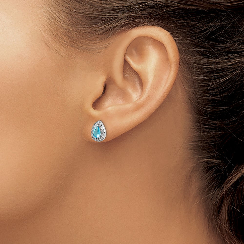 Sterling Silver Rhod Plated Blue and Clear CZ Post Earrings