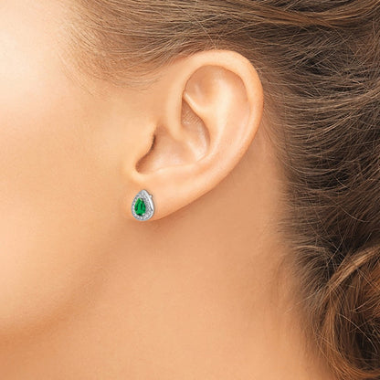 Sterling Silver Rhodium Plated Green and Clear CZ Post Earrings