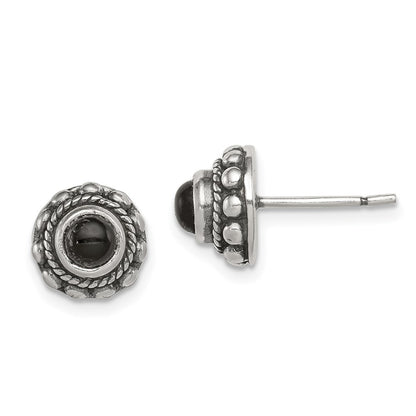 Sterling Silver Polished & Antiqued Textured Onyx Round Post Earrings