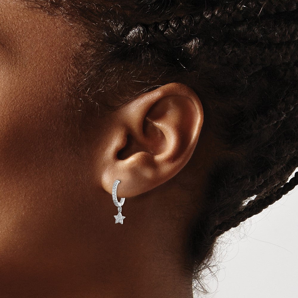 Sterling Silver Rhodium-Plated CZ Hoops with Star Dangle Earrings