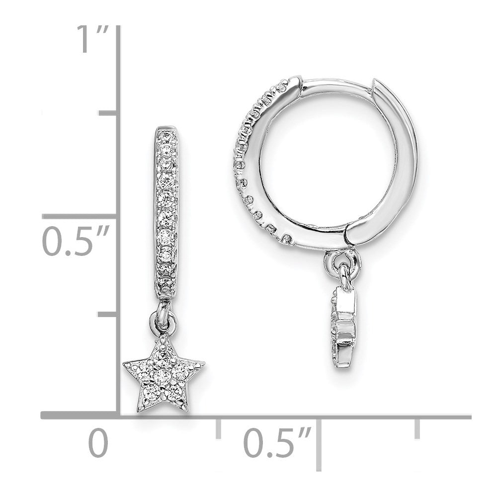 Sterling Silver Rhodium-Plated CZ Hoops with Star Dangle Earrings