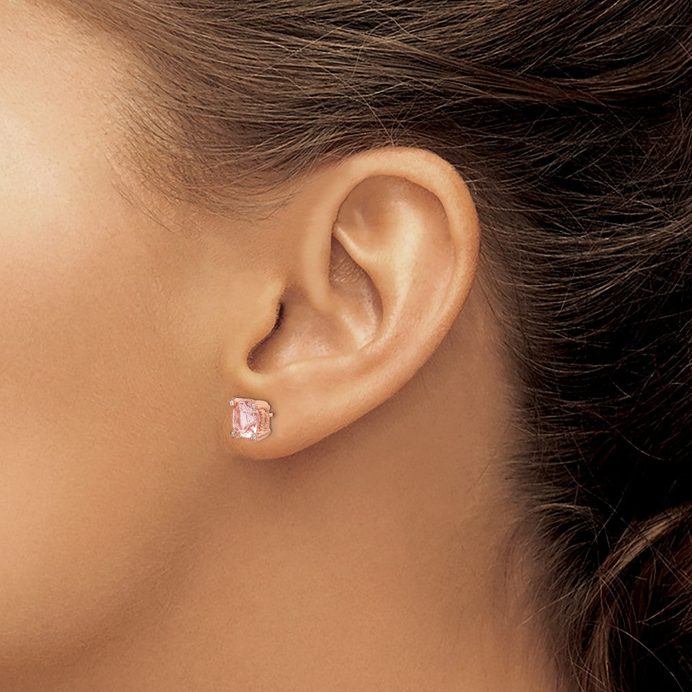 Sterling Silver Rose-tone Polished Textured Pink Crystal & CZ Post Earrings