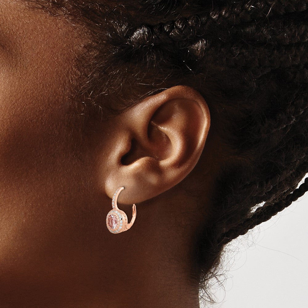 Sterling Silver Rose-tone Polished Pink Crystal/CZ Halo Leverback Earrings