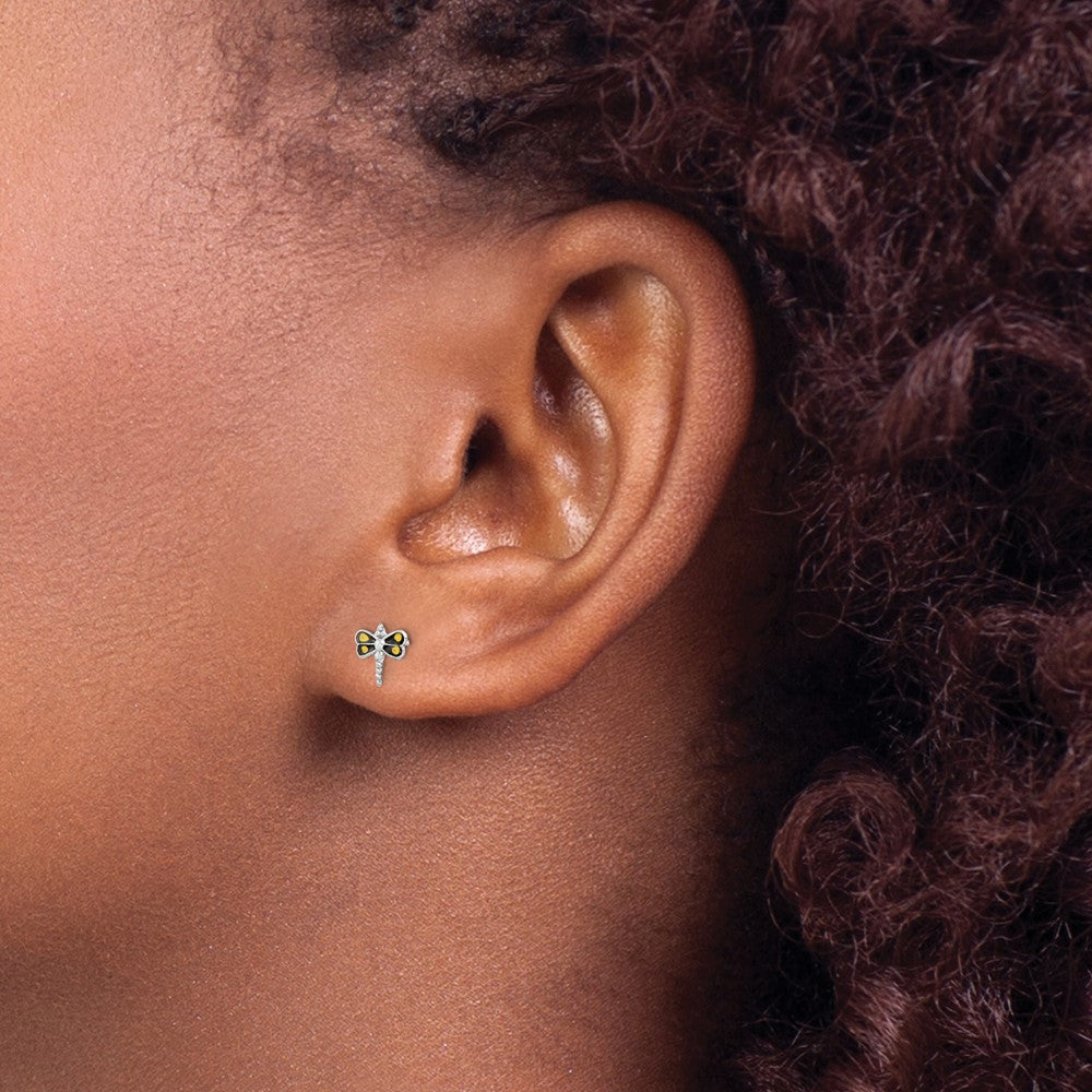 Sterling Silver Rhodium-plated Dragonfly Post Earrings