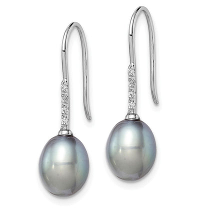 Sterling Silver Rhodium-plated 7-8mm Grey Teardrop Freshwater Cultured Pearl and CZ Dangle Earrings