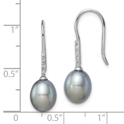 Sterling Silver Rhodium-plated 7-8mm Grey Teardrop Freshwater Cultured Pearl and CZ Dangle Earrings