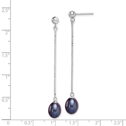 Sterling Silver Rhodium-plated 7-8mm Black Teardrop Freshwater Cultured Pearl Post Dangle Earrings