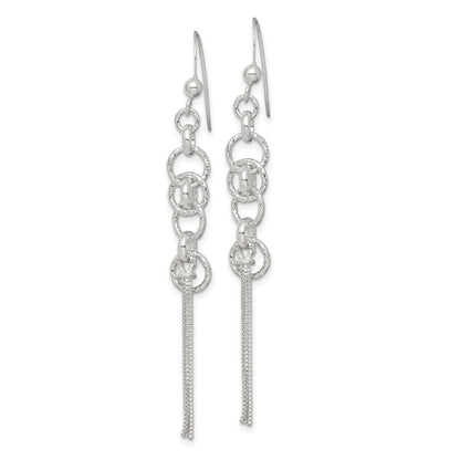 Sterling Silver Polished & D/C Circle & Multi-strand Chain Dangle Earrings