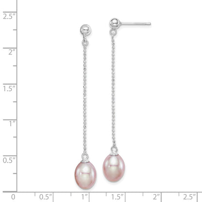 Sterling Silver Rhodium-plated 7-8mm Purple Teardrop Freshwater Cultured Pearl Post Dangle Earrings