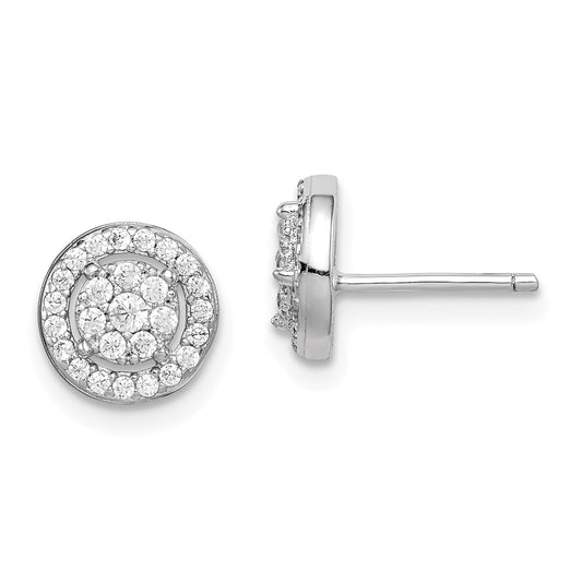 Sterling Silver Rhodium-plated Polished Pav CZ Halo Circle Post Earrings