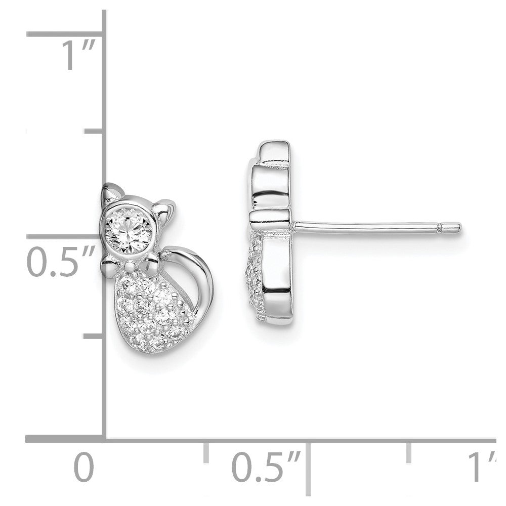 Sterling Silver Rhodium-plated Polished CZ Cat Post Earrings