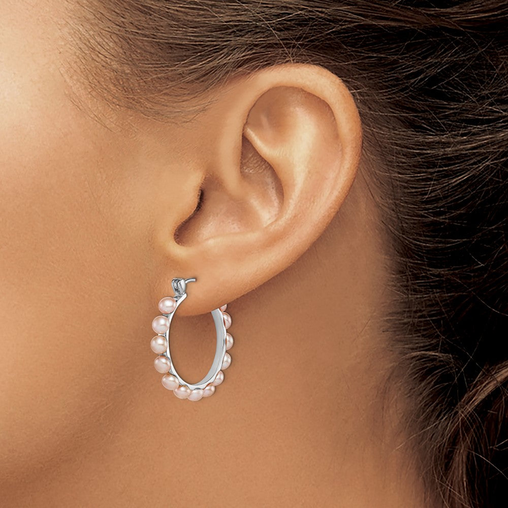 Sterling Silver Rhodium-plated 4-5mm Pink Button Freshwater Cultured Pearl Hoop Earrings