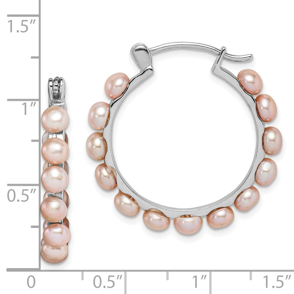 Sterling Silver Rhodium-plated 4-5mm Pink Button Freshwater Cultured Pearl Hoop Earrings