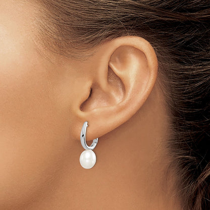 Sterling Silver Rhodium-plated 7-8mm White Rice Freshwater Cultured Pearl Dangle Hoop Earrings
