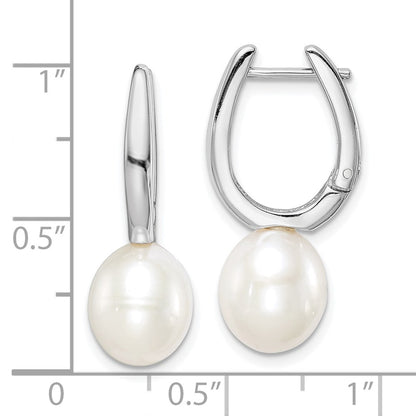 Sterling Silver Rhodium-plated 7-8mm White Rice Freshwater Cultured Pearl Dangle Hoop Earrings