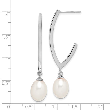 Sterling Silver Rhodium-plated 8-9mm White Rice Freshwater Cultured Pearl Post Dangle Earrings