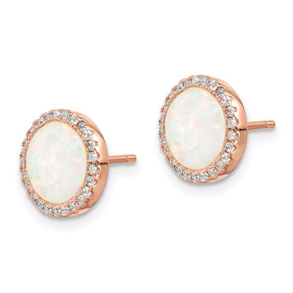 Sterling Silver Rose-Tone Created Opal & CZ Round Halo Post Earrings