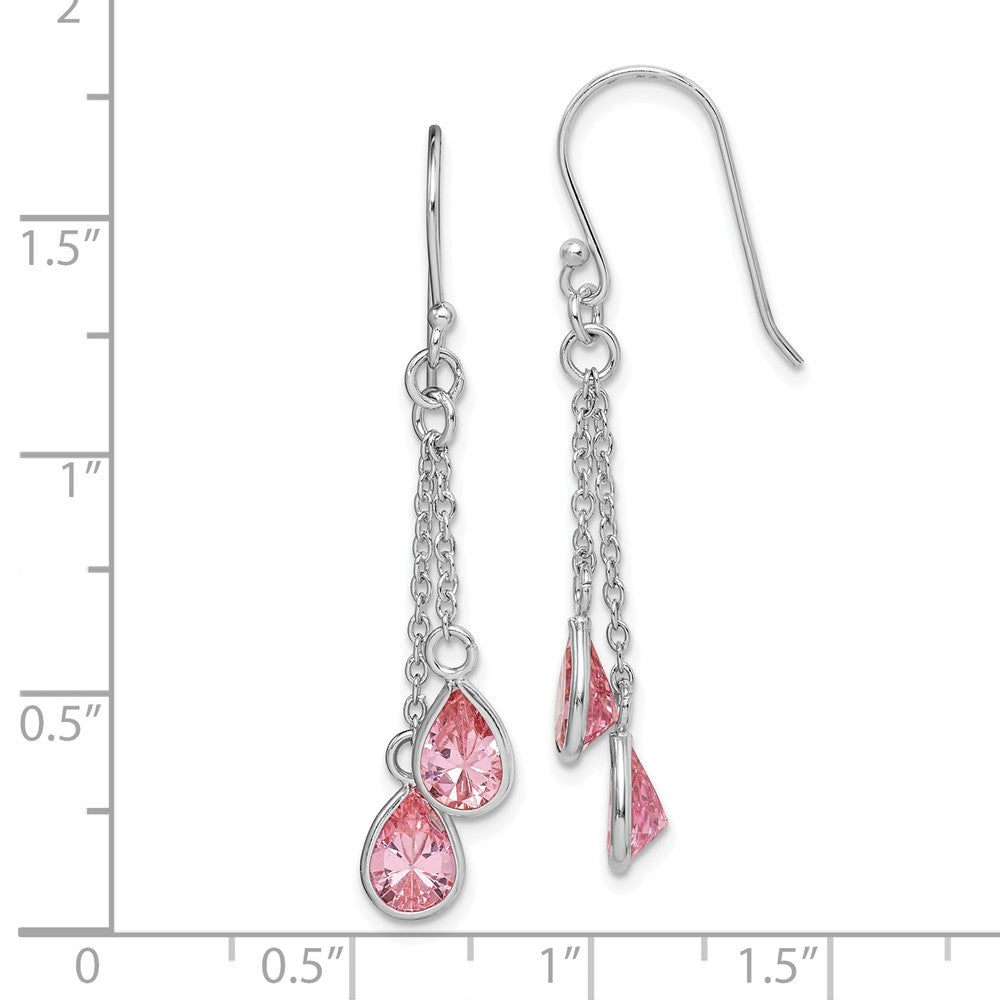 Sterling Silver RH-plated Multi-Strand Pink CZ Teardrop Dangle Earrings