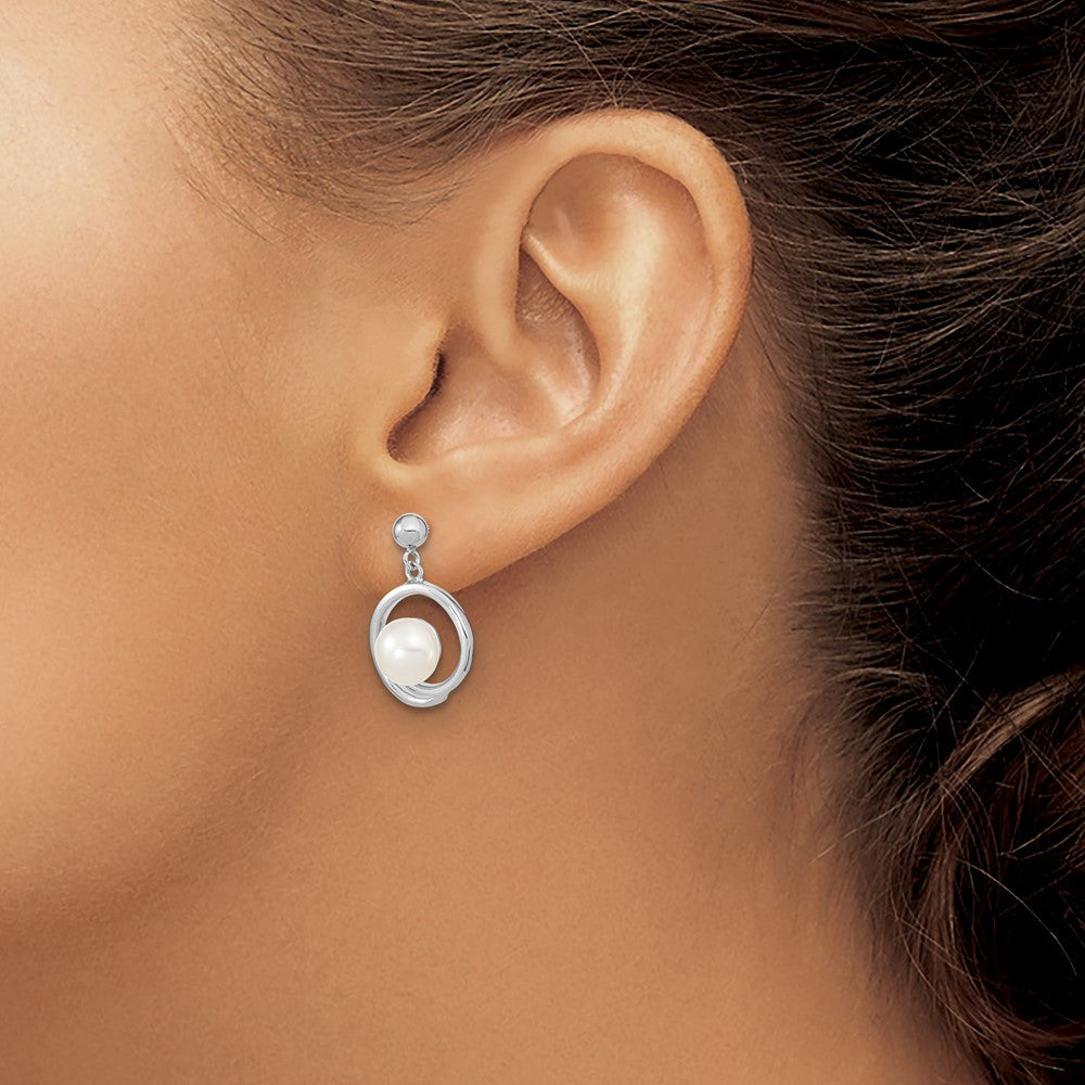 Sterling Silver Rhodium-plated 7-8mm White Button Freshwater Cultured Pearl Post Dangle Earrings