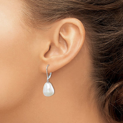 Sterling Silver Rhodium-plated 11-12mm White Keshi Freshwater Cultured Pearl Leverback Dangle Earrings