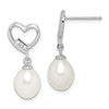 Sterling Silver Rhodium-plated 7-8mm White Rice Freshwater Pearl and CZ Heart Post Dangle Earrings