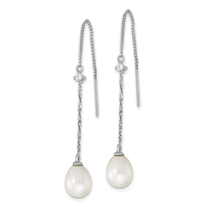 Sterling Silver Rhodium-plated 7-8mm White Teardrop Freshwater Cultured Pearl and CZ Threader Earrings