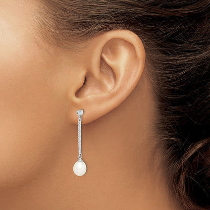 Sterling Silver Rhodium-plated 8-9mm White Rice Freshwater Cultured Pearl and CZ Post Dangle Earrings