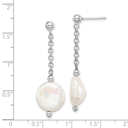 Sterling Silver Rhodium-plated 12-13mm White Coin Freshwater Cultured Pearl Post Dangle Earrings