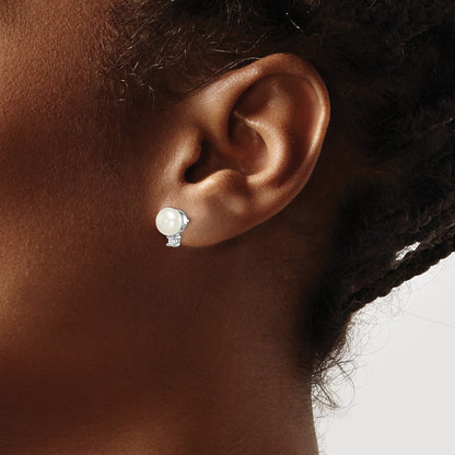 Sterling Silver Rhodium-plated 6-7mm White Button Freshwater Cultured Pearl and CZ Post Earrings