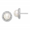 Sterling Silver Rhodium-plated 8-9mm White Button Freshwater Cultured Pearl and CZ Post Earrings