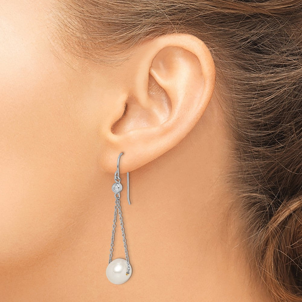 Sterling Silver Rhodium-plated 9-10mm White Semi-Round Freshwater Cultured Pearl and CZ Dangle Earrings